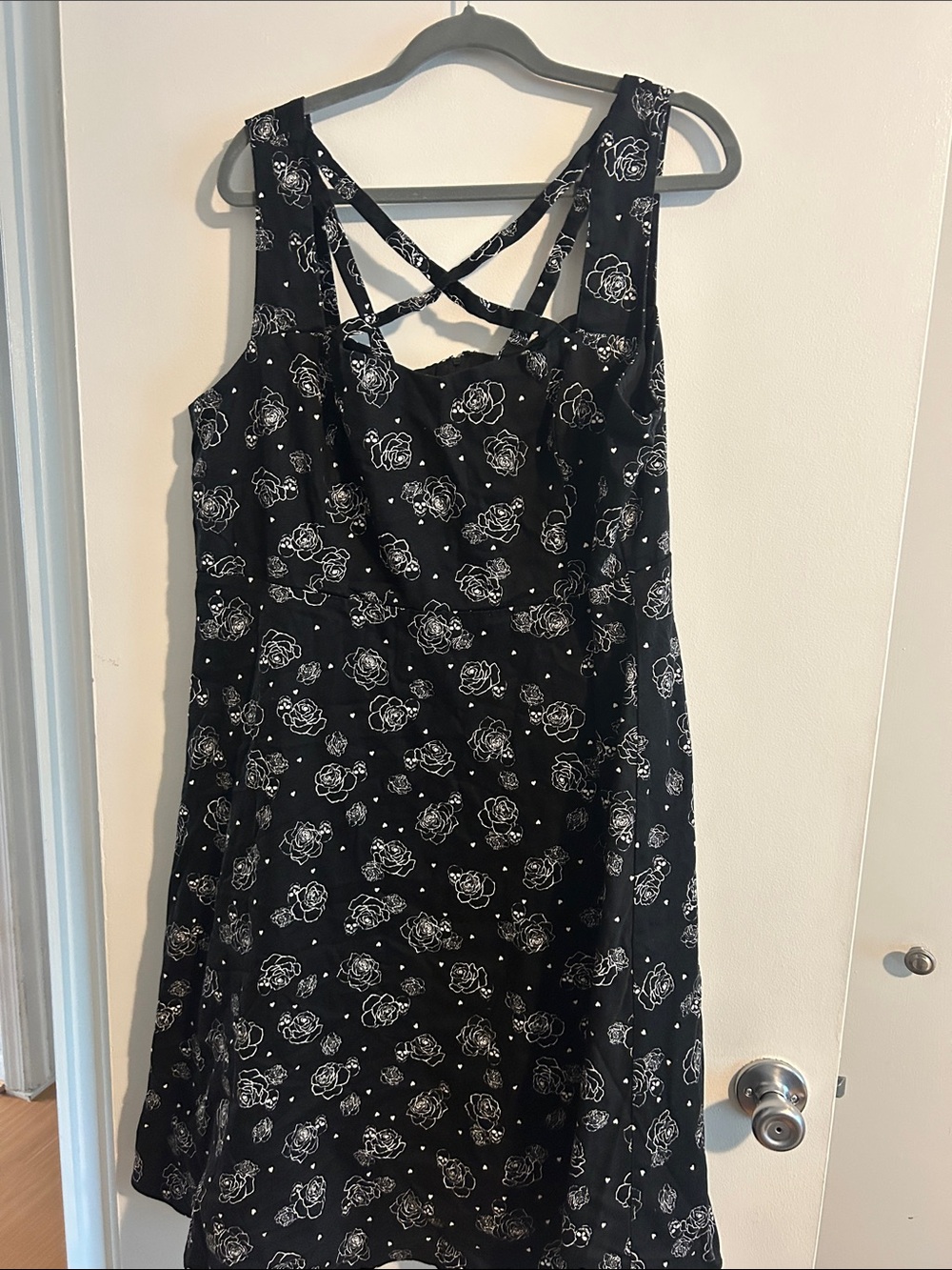 Black Mini Dress with White Rose Print and Crisscross Back